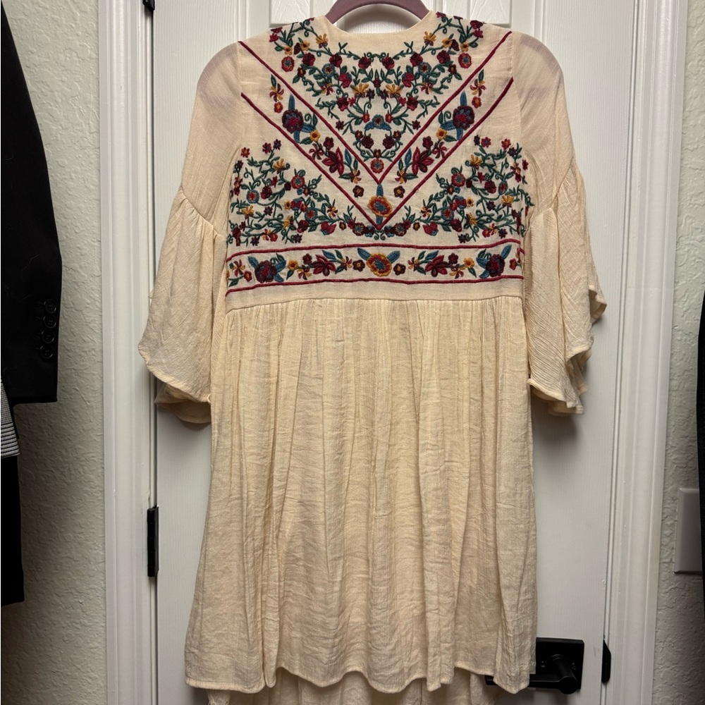 Umgee Boho Cream and Red Embroidery Dress